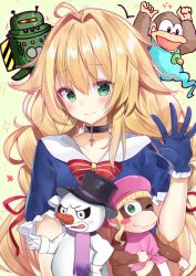 Rule 34 | 2boys, 2girls, ;), ahoge, ape, arms up, beige background, beret, black choker, black eyes, black hat, blonde hair, blue gloves, blue shirt, blush, blush stickers, bow, bowtie, character request, choker, collarbone, commentary request, copyright request, cross, cross choker, dixie kong, donkey kong (series), donkey kong country, donkey kong country 3, earrings, ghost tail, gloves, green eyes, hair between eyes, hair intakes, hair ribbon, hand up, hat, highres, jewelry, kiddy kong, long braid, long hair, looking at viewer, low twintails, multiple boys, multiple girls, natsuki (ukiwakudasai), nintendo, one eye closed, outline, pacifier, pink hat, pink outline, pink shirt, purple scarf, red bow, red neckwear, red ribbon, ribbon, scarf, shirt, short sleeves, simple background, single sidelock, sleeveless, sleeveless shirt, smile, snowman, striped, striped bow, top hat, translation request, twintails, very long hair