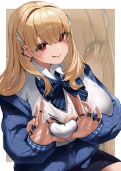 Rule 34 | 1girl, absurdres, blonde hair, blue bow, blue bowtie, blue jacket, blush, bow, bowtie, breasts, button gap, claw ring, cleavage, closed mouth, collared shirt, goddess of victory: nikke, hair intakes, hair ornament, hands on own chest, heart, heart-shaped boob challenge, heart hands, highres, huge breasts, jacket, jewelry, lips, long hair, looking at viewer, multiple rings, o o k i n a, off shoulder, puffy sleeves, red eyes, ring, shirt, sitting, sleeves past wrists, smile, solo, tia (nikke), tongue, tongue out, white background, white shirt, zoom layer
