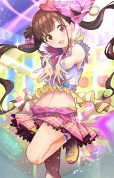 Rule 34 | 1girl, abstract background, bare shoulders, blue ribbon, blush, bow, bowtie, breasts, brown eyes, brown hair, crop top, cropped shirt, dot nose, hair bun, hair ribbon, hat, highres, idolmaster, idolmaster shiny colors, large breasts, leg up, long hair, looking at viewer, midriff, mini hat, navel, open hands, open mouth, pink ribbon, pink skirt, plaid, plaid skirt, pleated skirt, polka dot, polka dot bowtie, polka dot ribbon, reaching, reaching towards viewer, red bow, red bowtie, red eyes, red hat, red ribbon, ribbon, scrunchie, shinomiyabi, shirt, shoes, skirt, sleeveless, sleeveless shirt, smile, sneakers, socks, solo, sonoda chiyoko, standing, standing on one leg, striped ribbon, twintails, white scrunchie, white shirt, white socks, wrist scrunchie