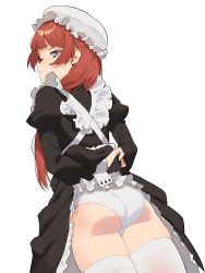 Rule 34 | 1girl, 2l (2lsize), absurdres, ass, black dress, blush, clothes lift, commentary request, dress, dress lift, hat, highres, juliet sleeves, lifting own clothes, long hair, long sleeves, looking at viewer, maid, mob cap, original, panties, puffy sleeves, red hair, simple background, solo, thighhighs, underwear, white background, white hat, white panties, white thighhighs