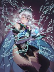 Rule 34 | 1girl, absurdres, black gloves, black panties, corrin (female) (fire emblem), corrin (fire emblem), covered navel, cowboy shot, det, doiparuni, dragonstone, dress, fire emblem, fire emblem fates, fire emblem heroes, flower, gloves, grey hair, grin, hairband, highres, nintendo, official alternate costume, panties, panty straps, pointy ears, purple background, red eyes, rose, see-through, short dress, simple background, smile, solo, thorns, underwear, water