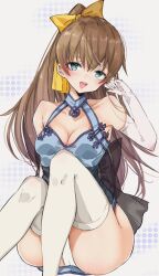 Rule 34 | 1girl, alternate costume, bare shoulders, blue dress, blue eyes, blush, bow, breasts, brown hair, chigasaki yukari, cleavage, commission, dress, elbow gloves, gloves, hair bow, high ponytail, highres, kantai collection, kumano (kancolle), long hair, looking at viewer, open mouth, panties, ponytail, simple background, sitting, skeb commission, solo, thighhighs, underwear, very long hair, white gloves, white panties, yellow bow