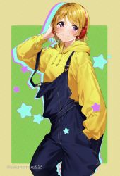 Rule 34 | 1girl, absurdres, blush, closed mouth, commentary request, hand in pocket, headphones, highres, jacket, koizumi hanayo, long sleeves, looking at viewer, love live!, nakano maru, overalls, purple eyes, smile, solo, star (symbol), twitter username, yellow jacket