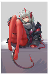 Rule 34 | 1girl, ahoge, antennae, arknights, black jacket, black skirt, border, breasts, chinese commentary, commentary request, grey background, grey shirt, highres, horns, jacket, knees up, long sleeves, looking at viewer, medium breasts, miniskirt, no shoes, open clothes, open jacket, pantyhose, pleated skirt, red eyes, red pantyhose, shirt, short hair, silver hair, sima naoteng, skirt, smile, solo, tail, thigh strap, thighband pantyhose, thighs, w (arknights), white border