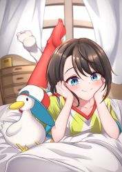 Rule 34 | 1girl, 1other, barefoot, bed sheet, blue eyes, blush, breasts, brown hair, closed mouth, collarbone, crossed legs, curtains, feet, feet up, full body, hashira 14, highres, hololive, indoors, lying, medium hair, on stomach, oozora subaru, oozora subaru (1st costume), red thighhighs, shirt, short sleeves, shorts, single thighhigh, smile, soles, striped clothes, striped shirt, subaru duck, swept bangs, t-shirt, the pose, thighhighs, toes, vertical-striped clothes, vertical-striped shirt, virtual youtuber, white shirt, white thighhighs, window, yellow shirt, yellow shorts