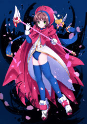 Rule 34 | 1girl, absurdres, antenna hair, blue background, blue choker, blue leotard, blue thighhighs, brown hair, cape, cardcaptor sakura, cherry blossoms, choker, closed mouth, full body, gloves, hair intakes, hat, highres, holding, holding staff, kero (cardcaptor sakura), kinomoto sakura, kisumi rei, leotard, looking at viewer, red cape, red eyes, red hat, shiny clothes, shiny legwear, short hair with long locks, sidelocks, solo, staff, thighhighs, white footwear, white gloves