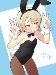 Rule 34 | 1girl, @ @, animal ears, bad id, bad pixiv id, bare shoulders, black bow, black hairband, black leotard, blue background, blush, bow, bowtie, breasts, brown eyes, brown hair, brown pantyhose, collar, detached collar, double v, fake animal ears, hair between eyes, hairband, hands up, idolmaster, idolmaster cinderella girls, leotard, long hair, looking away, looking to the side, morikubo nono, open mouth, pantyhose, playboy bunny, rabbit ears, rabbit tail, ringlets, small breasts, solo, strapless, strapless leotard, sweat, tail, translation request, two-tone background, uccow, v, wavy mouth, white background, white collar, wing collar, wrist cuffs
