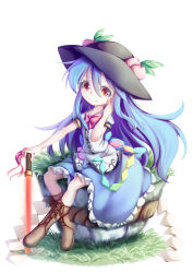 Rule 34 | 1girl, absurdres, blue hair, blue skirt, boots, brown footwear, chibi, cross-laced footwear, crossed legs, dior-zi, dress, food, fruit, grass, hand on own face, hat, highres, hinanawi tenshi, keystone, layered dress, leaf, long hair, looking at viewer, peach, puffy short sleeves, puffy sleeves, red eyes, red neckwear, red ribbon, ribbon, rock, rope, shide, shimenawa, short sleeves, simple background, sitting, sitting on rock, skirt, smile, solo, sword of hisou, touhou, very long hair, white background