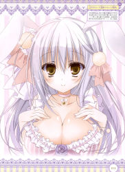Rule 34 | 1girl, absurdres, animal ears, border, bow, bra, breast suppress, breasts, brown eyes, choker, cleavage, female focus, flower, frilled bra, frills, hair bow, highres, inugami kira, large breasts, long hair, looking at viewer, pink bow, pom pom (clothes), purple flower, purple rose, rabbit ears, rose, smile, solo, striped background, striped bra, striped clothes, underwear, upper body, vertical-striped bra, vertical-striped clothes, white hair, yellow eyes