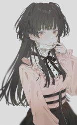 Rule 34 | 1girl, :&lt;, black hair, black ribbon, black skirt, blunt bangs, blurry, breasts, buttons, closed mouth, commentary request, depth of field, frilled shirt, frilled shirt collar, frilled sleeves, frills, grey background, hand to own mouth, hand up, highres, idolmaster, idolmaster shiny colors, long hair, long sleeves, looking at viewer, mameko (l8 w3), mask, mask pull, mayuzumi fuyuko, medium breasts, mouth mask, neck ribbon, orange eyes, pink shirt, pulling own clothes, ribbon, shirt, sidelocks, simple background, skirt, sleeves past wrists, solo, standing, surgical mask, two side up, upper body