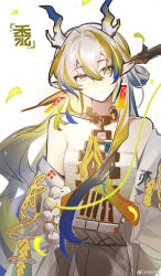 Rule 34 | 1girl, arknights, bare shoulders, blonde hair, blue hair, character name, closed mouth, dragon horns, earrings, green eyes, grey hair, hair between eyes, highres, horns, jewelry, light smile, long hair, looking at viewer, multicolored hair, necklace, off shoulder, own hands together, pointy ears, red pupils, shu (arknights), simple background, sketch, solo, ting (machi nakahara), upper body, watermark, weibo logo, weibo watermark, white background
