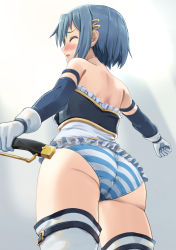 Rule 34 | 1girl, armlet, ass, bare shoulders, blue gloves, blue hair, blue panties, blue shirt, blush, boots, chicken (chickenx), closed eyes, cowboy shot, crotch seam, elbow gloves, frilled shirt, frills, from behind, gloves, hair ornament, hairclip, highres, holding, holding sword, holding weapon, magical girl, mahou shoujo madoka magica, mahou shoujo madoka magica (anime), miki sayaka, no pants, open mouth, panties, shirt, short hair, solo, standing, striped clothes, striped panties, sword, thigh boots, thigh strap, thighhighs, underwear, weapon, white footwear, white gloves