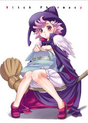 Rule 34 | 1girl, bag, bloomers, broom, broom riding, cape, hat, mattaku mousuke, pink hair, short hair, solo, underwear, white bloomers, witch, witch hat
