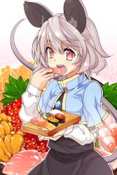 Rule 34 | 1girl, animal ears, blush, capelet, eating, fish (food), food, grey hair, highres, ikura (food), jewelry, kotomuke fuurin, long hair, looking at viewer, mouse ears, mouse tail, nazrin, nigirizushi, open mouth, outline, pendant, red eyes, roe, short hair, solo, sushi, sushi geta, tail, touhou