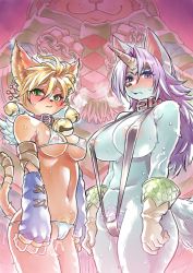 Rule 34 | 2girls, animal ears, areola slip, bare shoulders, bell, bell earrings, belt buckle, belt collar, bikini, black bikini, black one-piece swimsuit, blonde hair, blue gloves, blush, body fur, breasts, buckle, cameltoe, cat, cat ears, cat tail, cleft of venus, closed mouth, collar, cowboy shot, daena, dog, dog ears, dog girl, dog tail, earrings, elbow gloves, eyebrows, eyelashes, facing another, female pubic hair, fingerless gloves, furry, furry female, gloves, green eyes, hair between eyes, hair intakes, horns, jewelry, jingle bell, large breasts, legend of mana, legs together, long hair, medium breasts, midriff, mimonel, multiple girls, navel, one-piece swimsuit, pink collar, pubic hair, purple eyes, purple hair, pussy juice, see-through, seiken densetsu, short hair, sierra (lom), single horn, slingshot swimsuit, standing, stomach, sweat, swimsuit, tail, tail raised