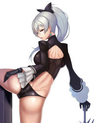 Rule 34 | 00s, 1girl, albert, ass, bow, breasts, butt crack, dungeon and fighter, earrings, female focus, female slayer (dungeon and fighter), gloves, hair bow, hilt, jewelry, large breasts, looking back, panties, ponytail, red eyes, shoulder blades, silver hair, solo, spread legs, underwear