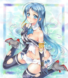 Rule 34 | 10s, 1girl, artist name, at classics, bare shoulders, black gloves, black thighhighs, blue eyes, blue hair, blush, breasts, cleavage, elbow gloves, full body, gloves, groin, hand on own chest, kantai collection, long hair, looking at viewer, medium breasts, neckerchief, no bra, no panties, off shoulder, parted lips, sailor collar, samidare (kancolle), sample watermark, shoes, sidelocks, sitting, solo, thighhighs, torn clothes, torn gloves, torn thighhighs, traditional media, very long hair, wariza, watermark