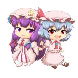 Rule 34 | 2girls, blue hair, blue ribbon, bow, brooch, chibi, crescent, crescent moon, hair ribbon, hat, hat bow, holding hands, jewelry, long hair, mob cap, moon, multiple girls, open mouth, pajamas, patchouli knowledge, purple eyes, purple hair, red bow, red eyes, red ribbon, remilia scarlet, renboruto, ribbon, short hair, simple background, touhou, white background, wrist cuffs