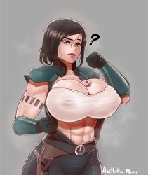 Rule 34 | 1girl, ?, abs, absurdres, aestheticc-meme, animification, arm tattoo, armor, artist name, belt, black eyes, black hair, breast tattoo, breasts, cara dune, cleavage, commentary, gun, handgun, highres, holstered, huge breasts, lips, muscular, muscular female, nipples, pants, puffy nipples, see-through, short hair, shoulder armor, signature, simple background, solo, star wars, steam, sweat, tattoo, the mandalorian, weapon