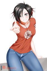 Rule 34 | 1girl, arm support, artist name, black hair, blush, breasts, denim, hair over one eye, highres, jeans, kimmy77, medium breasts, multicolored hair, pants, patreon logo, pointing, pointing at viewer, red hair, ruby rose, rwby, short hair, grey eyes, smile, solo, watermark, web address, white background