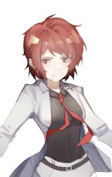 Rule 34 | 1girl, closed mouth, highres, horikawa raiko, jacket, light blush, light smile, long sleeves, looking at viewer, mouth hold, necktie, red eyes, red hair, red necktie, short hair, simple background, solo, toothpick, touhou, upper body, wb yimo, white background
