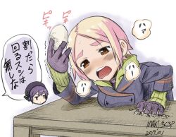 Rule 34 | 2girls, bent over, black coat, black gloves, black sailor collar, blonde hair, blush, breasts, buttons, check commentary, chibi, chibi inset, coat, commentary request, cracked egg, dated, double-breasted, egg, furrowed brow, gloves, green hoodie, heavy breathing, holding, holding egg, hood, hood down, hoodie, large breasts, layered clothes, maki (nasulily), mujika (utau), multiple girls, nose blush, on table, out of frame, parted bangs, ribbed sleeves, sailor collar, signature, solo focus, speech bubble, table, thick eyebrows, translated, trembling, utane uta, utau, wavy mouth