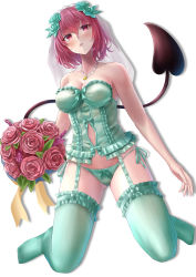 Rule 34 | 1girl, absurdres, aqua panties, aqua rose, aqua thighhighs, bare shoulders, blush, bouquet, breasts, bridal veil, bride, bustier, demon tail, flower, garter belt, hair flower, hair ornament, highres, holding, holding bouquet, jewelry, kneeling, looking at viewer, medium breasts, momo velia deviluke, necklace, numaguro (tomokun0808), panties, parted lips, pink eyes, pink hair, short hair, side-tie panties, sidelocks, simple background, solo, tail, thighhighs, to love-ru, underwear, underwear only, veil, white background