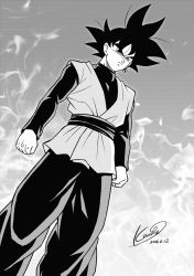 Rule 34 | 10s, 1boy, 2016, artist name, black eyes, black hair, clenched hands, dated, dougi, dragon ball, dragon ball super, earrings, frown, goku black, grey background, greyscale, jewelry, karoine, long sleeves, looking away, male focus, monochrome, serious, short hair, simple background, solo, spiked hair, standing