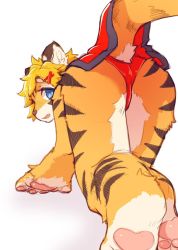 Rule 34 | 1girl, blonde hair, blue eyes, chinese clothes, fu-chan, furry, furry female, hanadaiteol, open mouth, original, panties, solo, tiger, underwear