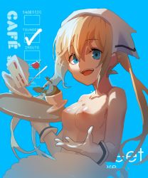 Rule 34 | 1girl, absurdres, blend s, blonde hair, blue background, blue eyes, breasts, cake, coffee, cup, food, fruit, gloves, highres, hinata kaho, holding, long hair, looking at viewer, medium breasts, medium hair, nipples, open mouth, plate, smile, solo, spoon, strawberry, topless, tray, upper body, zanyak