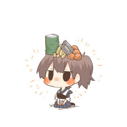 Rule 34 | 10s, 1girl, ammunition, barrel, bauxite, black eyes, blush, brown hair, chibi, drum (container), food, kaga (kancolle), kantai collection, lowres, metal, object on head, rebecca (keinelove), short hair, side ponytail, simple background, sitting, solo, white background