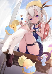 Rule 34 | 1girl, absurdres, alternate costume, ass, azur lane, bag, bandaid, bandaid on knee, bandaid on leg, bell, black collar, blonde hair, blue skirt, blue vest, blush, breasts, candy, cat tail, closed mouth, collar, dark-skinned female, dark skin, day, desk, fang, food, from below, full body, hair between eyes, hands up, heart, highres, holding, holding candy, holding food, holding lollipop, indoors, kemonomimi mode, kneehighs, kneehighs pull, knees up, legs, legs together, licking lips, lollipop, long hair, looking at viewer, looking down, manjuu (azur lane), miniskirt, naughty face, neck bell, o-ring, o-ring thigh strap, on desk, open clothes, open vest, pleated skirt, purple eyes, school bag, school desk, semisweet, side ponytail, sitting, skindentation, skirt, small breasts, smile, socks, solo, swimsuit, swimsuit under clothes, tail, thigh strap, thighs, tongue, tongue out, u-31 (azur lane), u-31 (let&#039;s go home) (azur lane), upskirt, very long hair, vest