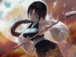 Rule 34 | 1girl, absurdres, armpits, black hair, bleach, braid, braided ponytail, breasts, closed mouth, detached sleeves, glasses, hakama, head tilt, highres, holding, holding scythe, holding weapon, japanese clothes, katori batsuunsai, large breasts, long hair, long sleeves, looking at viewer, nekobell, purple eyes, scythe, sideboob, solo, weapon, wide sleeves