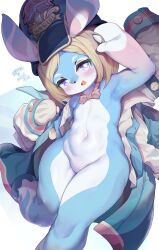 Rule 34 | 1girl, absurdres, animal ears, animal nose, arm up, armpits, blonde hair, blue fur, blush, bow, bowtie, chinese commentary, coat, commentary request, dated, furry, furry female, genshin impact, hand up, highres, innerkey (kgfw5338), long sleeves, looking at viewer, melusine (genshin impact), multicolored fur, navel, no nipples, no pussy, nude, open mouth, parted bangs, pink bow, pink bowtie, pink fur, purple eyes, short hair, signature, solo, white fur