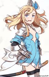 Rule 34 | 1girl, :d, blonde hair, blue bow, blue dress, blue eyes, bow, bravely default (series), cowboy shot, dress, edea lee, gauntlets, graysheartart, hair bow, hand on own hip, highres, katana, long hair, open mouth, plunging neckline, sheath, sheathed, short dress, smile, solo, sword, thighhighs, weapon, white background