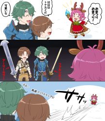 Rule 34 | 1girl, 2boys, alm (fire emblem), antlers, arm up, armor, bell, boots, bow, brown hair, brown mittens, cape, closed eyes, closed mouth, comic, dress, facial mark, fae (fire emblem), fae (winter) (fire emblem), fingerless gloves, fire emblem, fire emblem: the binding blade, fire emblem echoes: shadows of valentia, fire emblem heroes, forehead mark, fur trim, gloves, green hair, holding, holding sword, holding weapon, horns, long sleeves, mittens, multiple boys, nintendo, open mouth, pointy ears, purple hair, reindeer antlers, saku (soreca49), short hair, sword, tiara, tobin (fire emblem), translation request, weapon