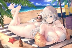 1girl ass bare_shoulders barefoot bikini blue_eyes breast_press breasts cleavage flower hair_flower hair_ornament hat highres large_breasts long_hair looking_at_viewer lying on_stomach purnwui shiny_skin solo_focus swimsuit thong thong_bikini very_long_hair white_hair