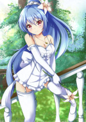 Rule 34 | 1girl, blue hair, bow, breasts, cleavage, dress, elbow gloves, flower, garter straps, gloves, hair flower, hair ornament, high ponytail, highres, holding, jewelry, long hair, looking at viewer, medium breasts, momoiro taisen pairon, nature, necklace, ok-ray, original, pink eyes, ponytail, smile, solo, thighhighs, tiara, tree, white gloves, white thighhighs, zettai ryouiki