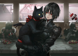 Rule 34 | androgynous, animal, armor, black armor, black cat, black hair, blurry, blurry background, cat, city guard (infukun), eye contact, facial mark, forehead mark, gauntlets, gender request, gloves, holding, holding animal, holding cat, indoors, infukun, long sleeves, looking at another, pixiv fantasia, pixiv fantasia last saga, red eyes, red gloves, short hair, signature, sitting, skewer, standing, table, window, yellow eyes