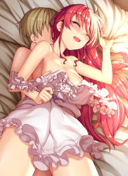 Rule 34 | 1boy, 1girl, bed, bed sheet, bedroom, blonde hair, grabbing another&#039;s breast, breasts, clothed female nude male, dress, eris greyrat, closed eyes, faceless, faceless male, frilled dress, frills, grabbing, groping, hetero, holding, licking, long hair, medium breasts, mushoku tensei, nude, open mouth, red hair, ribbon, rudeus greyrat, saliva, saliva trail, sheet grab, short hair, takurowo, thick thighs, thighs, white dress