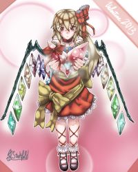 Rule 34 | 10s, 1girl, 2013, bare shoulders, blonde hair, blush, bow, collar, collarbone, crystal, flandre scarlet, foreshortening, frilled collar, frilled shirt collar, frills, full body, hair ribbon, heart, highres, incoming gift, loafers, looking at viewer, nail polish, no headwear, no headwear, red bow, red eyes, red nails, red ribbon, red skirt, ribbon, ryuuno stadtfeld, sash, shoes, side ponytail, signature, skirt, skirt set, solo, touhou, valentine, wings