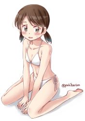 Rule 34 | 1girl, barefoot, bikini, breasts, brown eyes, brown hair, cleavage, collarbone, full body, kantai collection, looking at viewer, low twintails, navel, parted bangs, shirayuki (kancolle), short hair, short twintails, side-tie bikini bottom, simple background, sitting, small breasts, solo, swimsuit, twintails, twitter username, wariza, white background, white bikini, yukiharu