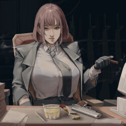 Rule 34 | 1girl, assault rifle, black gloves, bra visible through clothes, breasts, brown hair, bullet, chair, cigarette, collared shirt, desk, dress shirt, fruit cup, gloves, grey jacket, grey pants, gun, hand in pocket, handgun, highres, holding, holding cigarette, jacket, large breasts, looking at viewer, medium hair, monitor, original, pants, paper stack, parted lips, rifle, shirt, shirt tucked in, sitting, smoke, solo, weapon, white shirt, zuoteng lucha