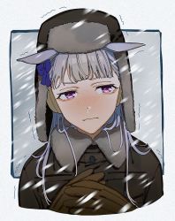 Rule 34 | 1girl, animal ears, blue ribbon, blunt bangs, blush, closed mouth, commentary request, gloves, gold ship (umamusume), horse ears, horse girl, iwawa, purple eyes, ribbon, snow, snowstorm, solo, trembling, umamusume, wavy mouth, winter clothes