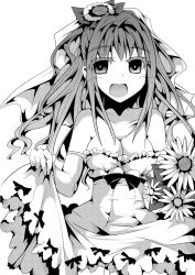 Rule 34 | 10s, 1girl, breasts, cleavage, collarbone, dress, flower, greyscale, hair ornament, highres, hino akane (idolmaster), idolmaster, idolmaster cinderella girls, long hair, monochrome, open mouth, ribbon, solo, tano, veil