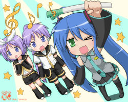 Rule 34 | 3girls, blue hair, cosplay, hatsune miku, hatsune miku (cosplay), hiiragi kagami, hiiragi tsukasa, izumi konata, kagamine len, kagamine len (cosplay), kagamine rin, kagamine rin (cosplay), lucky star, mole, mole under eye, multiple girls, nagian, sisters, spring onion, thighhighs, twins, twintails, vocaloid