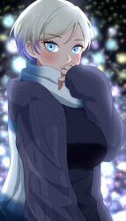 Rule 34 | 1girl, black jacket, blonde hair, blue eyes, blush, commentary request, gradient hair, highres, jacket, jean bart (kancolle), kantai collection, long sleeves, looking at viewer, mole, mole under eye, multicolored hair, scarf, short hair, solo, upper body, yomogi dango