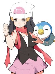 Rule 34 | 1girl, :&lt;, = =, bare shoulders, beanie, bird, black shirt, blue hair, bracelet, clenched hand, cowboy shot, creatures (company), dawn (pokemon), eyelashes, game freak, gen 4 pokemon, grey eyes, hair ornament, hairclip, hands up, hat, highres, jewelry, mituyota 76, nintendo, open hand, parted lips, penguin, pink skirt, piplup, pokemon, pokemon (creature), pokemon dppt, print headwear, red neckwear, scarf, shirt, simple background, skirt, sleeveless, sleeveless shirt, sweatdrop, white background, white headwear