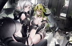 Rule 34 | 3girls, arknights, ass, bare shoulders, black choker, black panties, breasts, butt crack, choker, commentary request, couch, covering privates, covering breasts, crocodilian tail, duplicate, elbow gloves, estelle (arknights), female focus, gavial (arknights), gloves, green hair, grey eyes, grey gloves, hand up, horns, index finger raised, indoors, large breasts, large tail, long sleeves, looking at viewer, multiple girls, panties, pointy ears, seiza, short hair, silver hair, sitting, skindentation, smile, standing, tail, thigh strap, thighs, tomimi (arknights), underwear, yushe quetzalli