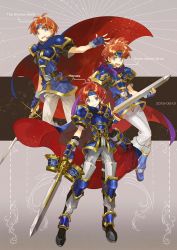 Rule 34 | 1boy, ahoge, arm guards, armor, blue hair, breastplate, cape, dated, fingerless gloves, fire emblem, fire emblem: the binding blade, fire emblem heroes, gloves, headband, holding, holding sword, holding weapon, looking at viewer, male focus, nintendo, noki (affabile), pauldrons, red hair, roy (fire emblem), shoulder armor, smile, sword, weapon